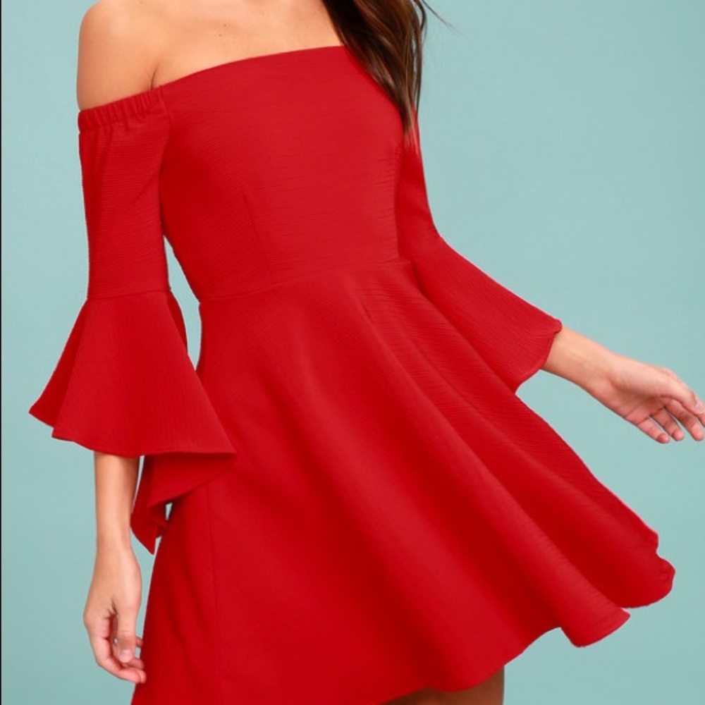 Red off the shoulder J.O.A. dress
